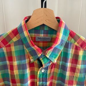 Vintage Bullock & Jones Rainbow Plaid Short Slv Shirt USA Mens M Linen Cotton